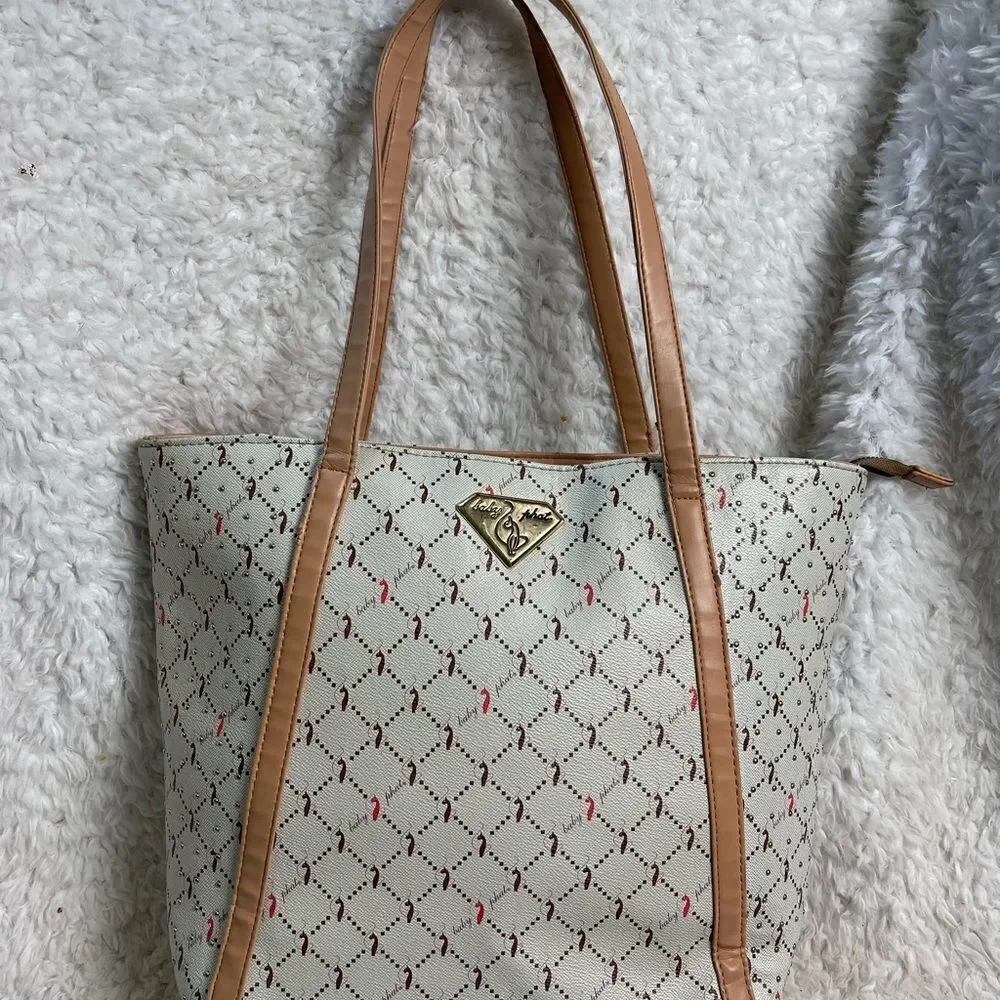 Babyphat beige logo brown & orange large tote with tan traps studs accents